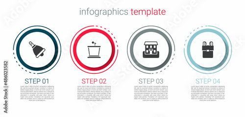 Set Ringing bell, Stage stand, School building and backpack. Business infographic template. Vector