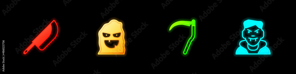 Fototapeta premium Set Knife, Funny and scary ghost mask, Scythe and Vampire icon. Vector