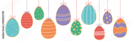 Happy Easter banner. Hand painted strokes, sketched outline and patterns, eggs in bright colors. Modern minimal style. Horizontal poster, greeting card, header for website