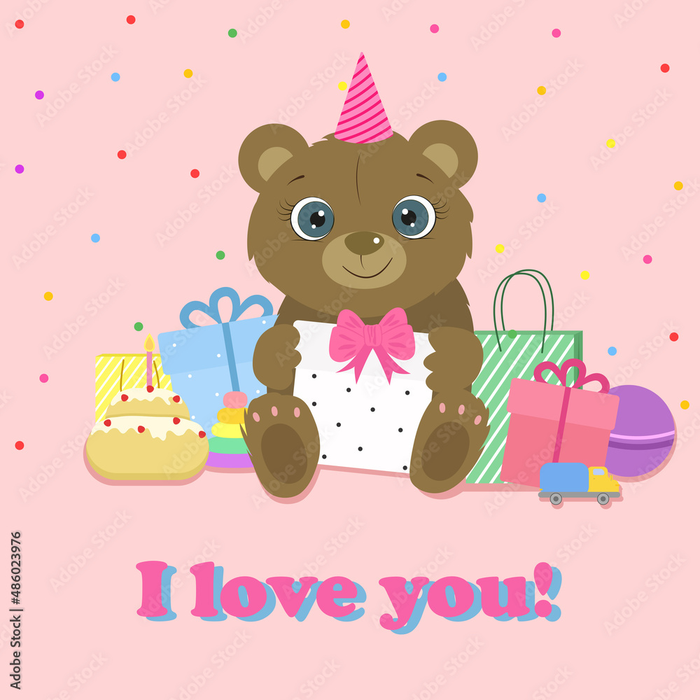 Birthday card. Cute bear with prezent and toys. Vector. Birthday card. Cute bear with prezent and toys. Vector.