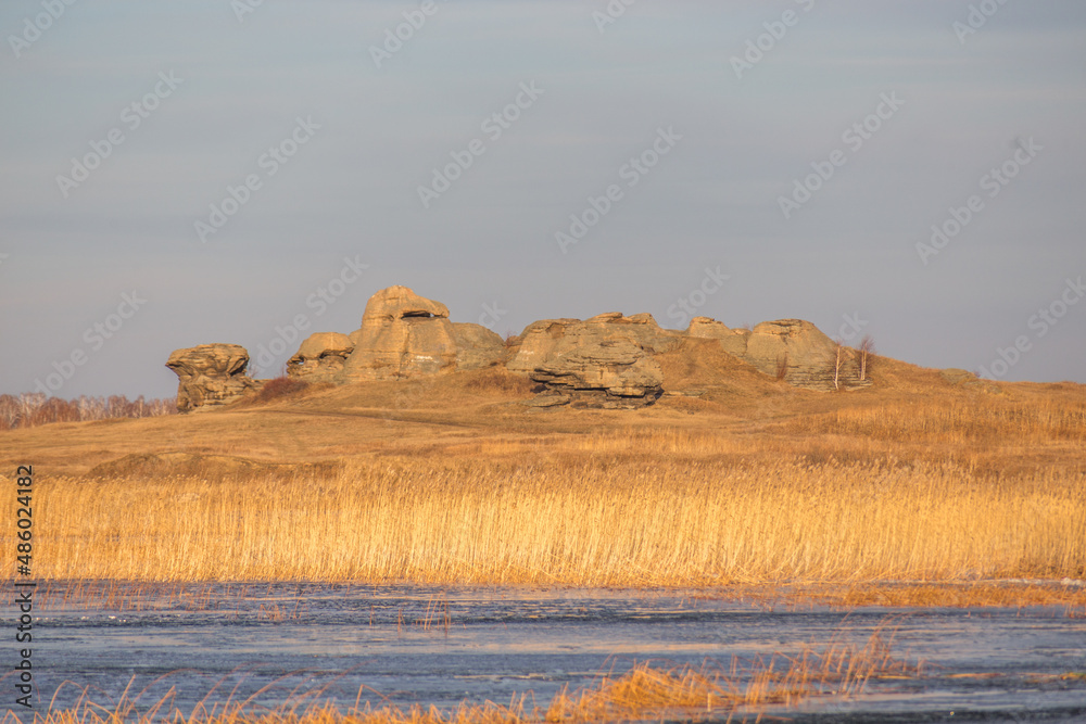Obraz premium Stone remains, old sanctuary, Big Allaki lake, South Ural, Chelyabinsk region, Russia