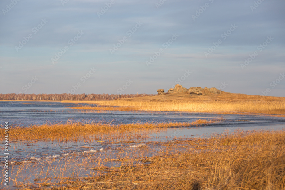Stone remains, old sanctuary, Big Allaki lake, South Ural, Chelyabinsk region, Russia
