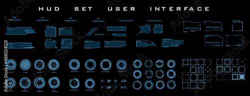 HUD. High-tech personal gaming user interface. Set technological elements frames, circular pointers, targets for HUD game user interface. Gaming windows and frames in cyber style