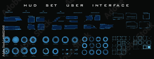 HUD. High-tech personal gaming user interface. Set technological elements frames, circular pointers, targets for HUD game user interface. Gaming windows and frames in cyber style