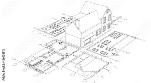 architecture traditional house plan 3d illustration