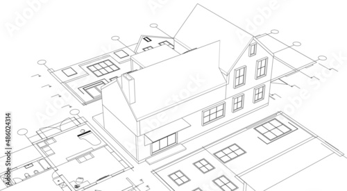 architecture traditional house plan 3d illustration