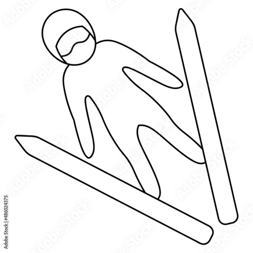 Ski jumping. Sketch. Athlete on skis jumps from a springboard. Athlete in goggles and a helmet. Ski flight. Vector icon. Coloring book for children. Doodle style. Isolated background. 