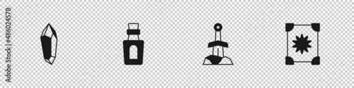 Set Magic stone, Bottle with potion, Sword in the and Ancient magic book icon. Vector