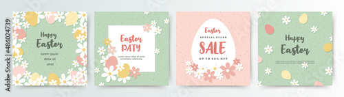 Easter floral square templates. Cute vector backgrounds in flat style for social media posts, mobile apps, cards, invitations, banner design and web ads
