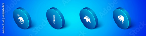 Set Isometric Electric circular saw, Tree stump, jigsaw and Rasp metal file icon. Vector