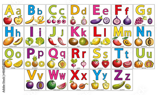 English illustrated alphabet of fruits and vegetables. A set of English letters from A to Z. Learning English vocabulary. Learn to read.