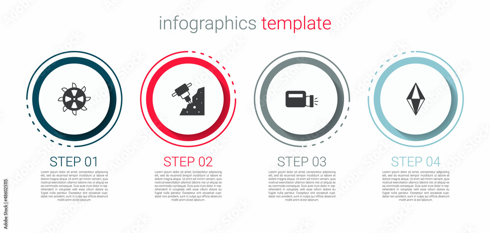 Set Bucket wheel excavator, Construction jackhammer, Flashlight and Gem stone. Business infographic template. Vector