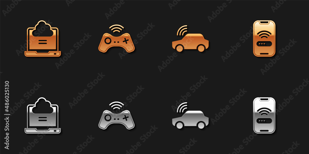 Set Network cloud connection, Wireless gamepad, Smart car system and Mobile with wi-fi wireless icon. Vector Set Network cloud connection, Wireless gamepad, Smart car system and Mobile with wi-fi wireless icon. Vector