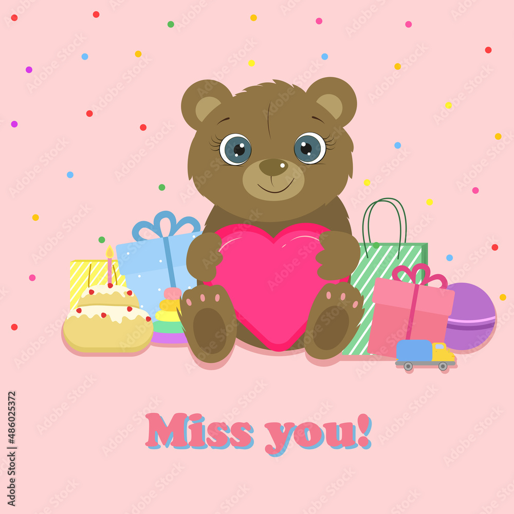 Birthday card. Cute bear with prezent and toys. Vector. Birthday card. Cute bear with prezent and toys. Vector.