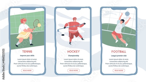 Set of vector flat cartoon characters doing sport on smartphone online app screens-mobile UI kit templates for tennis,hockey,football sports applications,web page design with people scenes,info text