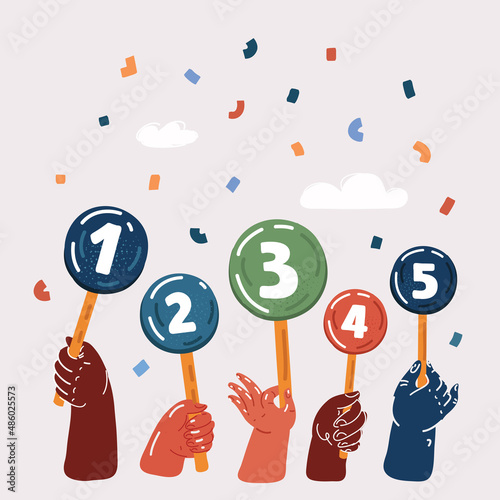 Vector illustration of Hand hold round score card banner plate with numbers. Votes jury judges of tournament or contest.