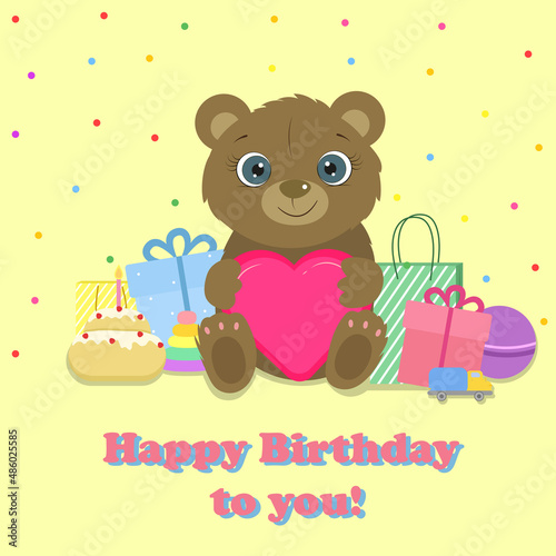 Birthday card. Cute bear with prezent and toys. Vector. photo