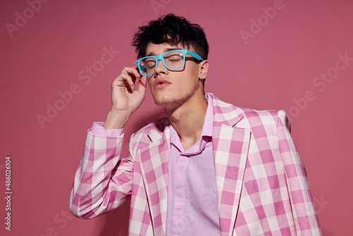 Photo of romantic young boyfriend plaid blazer fashion modern style glasses Lifestyle unaltered