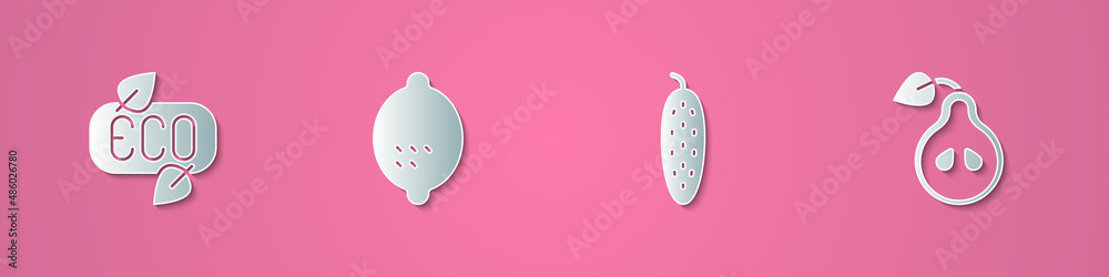 Set paper cut Leaf Eco symbol, Lemon, Cucumber and Pear icon. Paper art style. Vector Set paper cut Leaf Eco symbol, Lemon, Cucumber and Pear icon. Paper art style. Vector