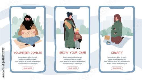 Set of vector flat cartoon homeless characters on smartphone online app screens-mobile UI kit templates for social support and donation applications,web page design with people scenes and info text