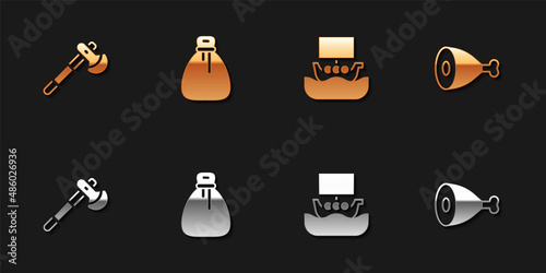 Set Wooden axe, Old money bag, Viking ship Drakkar and Chicken leg icon. Vector