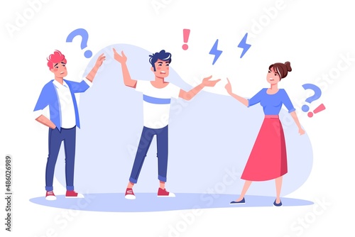 Nervous man yelling on furious woman, coworker trying to ask or stop quarrel flat vector illustration. Yelling people, destructive emotion and business conflict concept