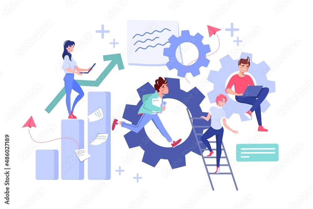 Tiny people team working with analytics graph, paper document and laptop computer over gear cogwheels flat vector illustration. Teamwork, business promotion, strategy analysis, communication Tiny people team working with analytics graph, paper document and laptop computer over gear cogwheels flat vector illustration. Teamwork, business promotion, strategy analysis, communication