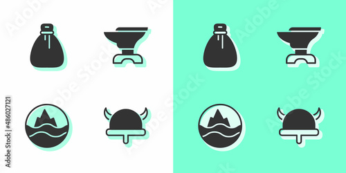 Set Viking in horned helmet, Old money bag, Sea and waves and Anvil for blacksmithing icon. Vector