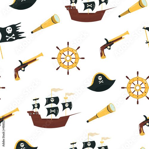 Vector seamless pattern with pirates symbol ship with Jolly Rodger, weapon, hat, spyglass