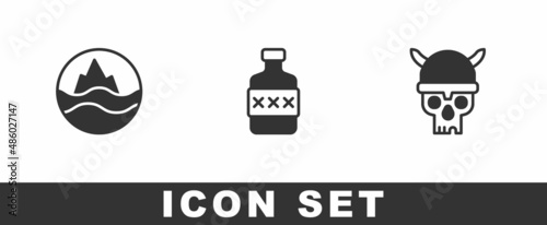 Set Sea and waves, Whiskey bottle and Skull with viking helmet icon. Vector