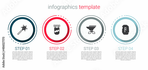 Set Mace with spikes, Quiver arrows, Anvil for blacksmithing and Magic rune. Business infographic template. Vector
