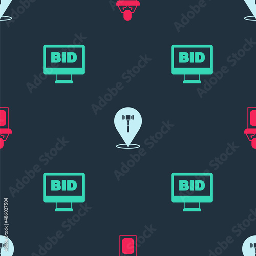 Set Auction auctioneer sells, hammer and Online on seamless pattern. Vector