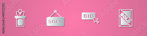 Set paper cut Auction jewelry sale, sold, Bid and painting icon. Paper art style. Vector