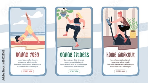 Set of vector flat cartoon characters doing sports on smartphone online app screens-mobile UI kit templates for yoga,fitness,home workout applications,web page design with people scenes and info text