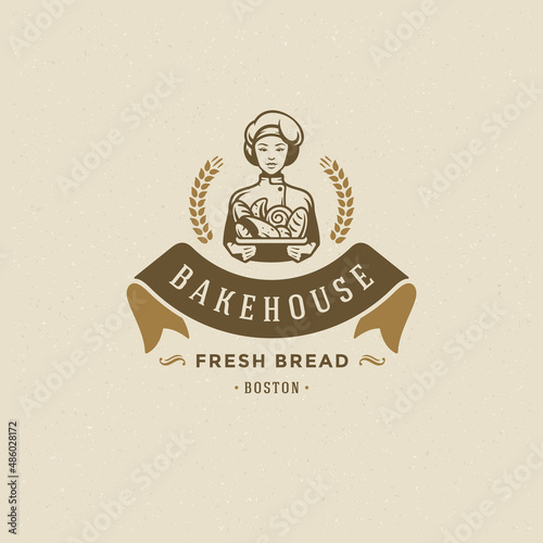 Bakery badge or label retro vector illustration. Baker woman holding basket with bread silhouette for bakehouse.