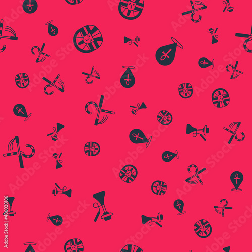 Set Hookah, Egyptian pharaoh, Crook and flail and Cross ankh on seamless pattern. Vector