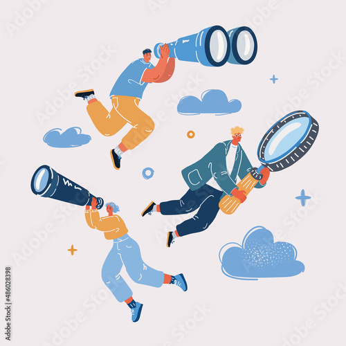 Vector illustration of people of searching for opportunities, decisions, new business ideas or staff. Man and woman looking into future choosing direction of development. photo