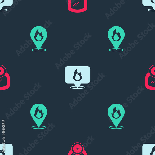 Set Gas mask, Location with fire flame and on seamless pattern. Vector