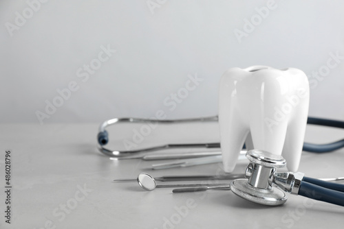 Tooth shaped holder  set of different dentist s tools and stethoscope on light grey table  closeup. Space for text