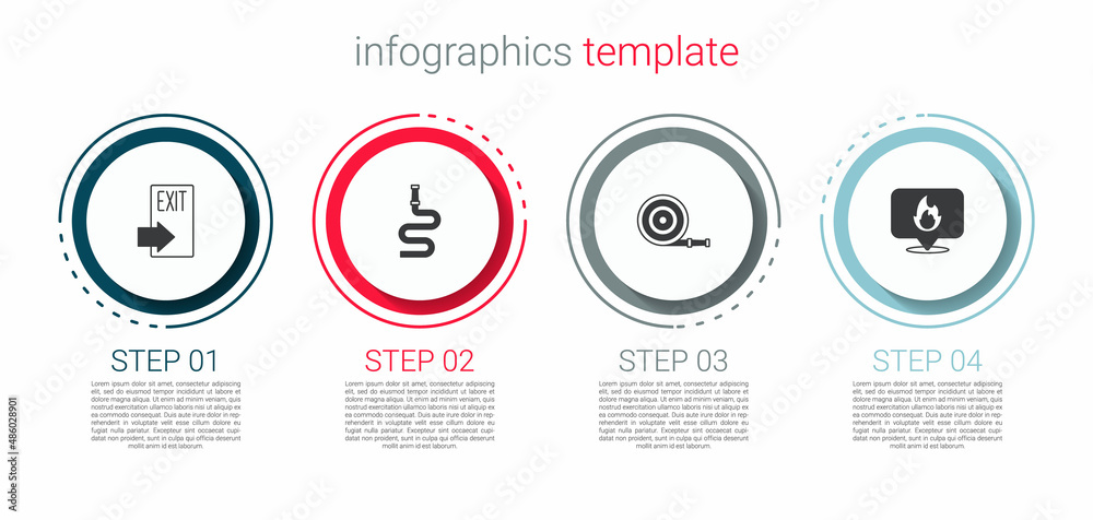 Set Fire exit, hose reel, and Location with fire flame. Business infographic template. Vector Set Fire exit, hose reel, and Location with fire flame. Business infographic template. Vector
