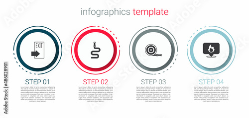 Set Fire exit, hose reel, and Location with fire flame. Business infographic template. Vector