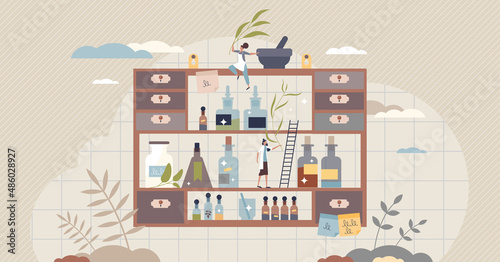 Apothecary and alternative medicine or pharmacy pill shop tiny person concept. Mixing herbal elixir, painkillers or drugs in vintage bottles vector illustration. Pharmacist prescription preparation.