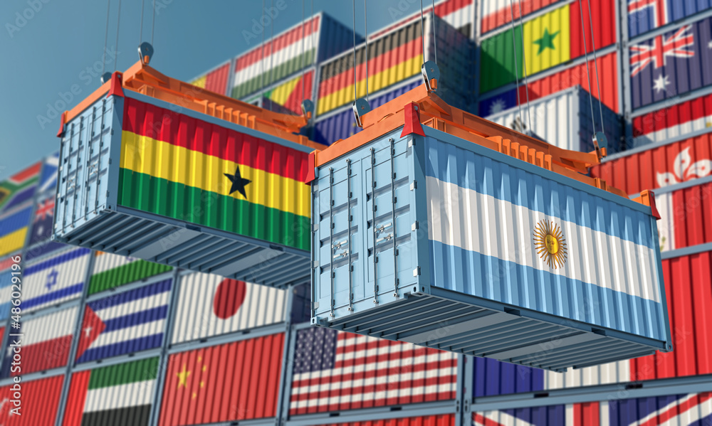 Freight containers with Argentina and Ghana national flags. 3D Rendering 