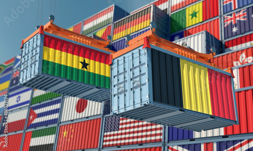 Freight containers with Belgium and Ghana national flags. 3D Rendering 