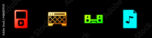 Set Music player, Guitar amplifier, Home stereo with two speakers and MP3 file document icon. Vector