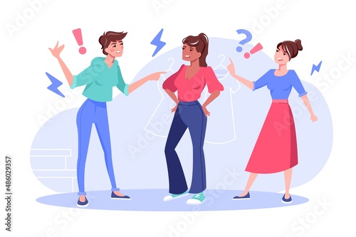 Three woman quarrelling arguing, yelling, shaking hand and pointing finger at annoyed disagreeing female friend flat vector illustration. People argument, nervous breakdown concept