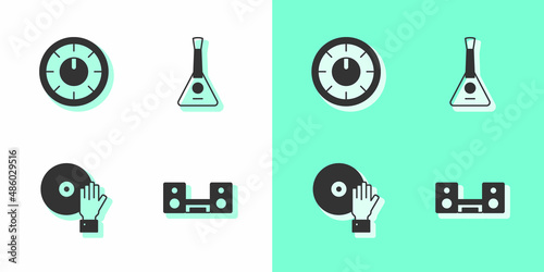 Set Home stereo with two speakers, Sound mixer controller, DJ playing music and Balalaika icon. Vector
