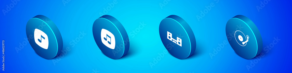 Set Isometric Music note, tone, Home stereo with two speakers, Vinyl player and icon. Vector Set Isometric Music note, tone, Home stereo with two speakers, Vinyl player and icon. Vector