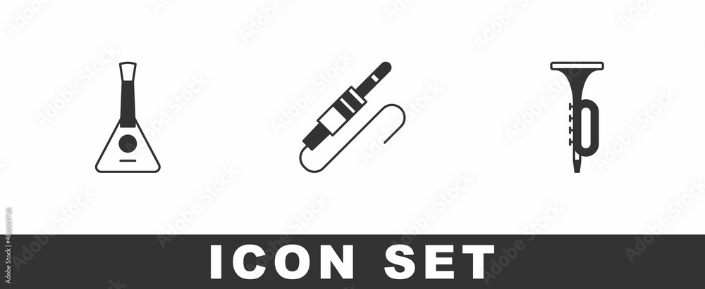 Set Balalaika, Audio jack and Trumpet icon. Vector Set Balalaika, Audio jack and Trumpet icon. Vector