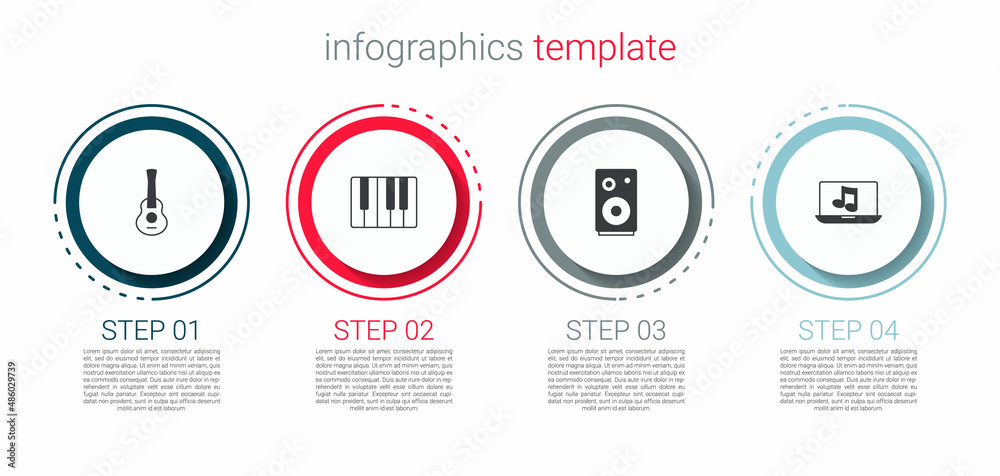 Set Guitar, Music synthesizer, Stereo speaker and Laptop with music. Business infographic template. Vector